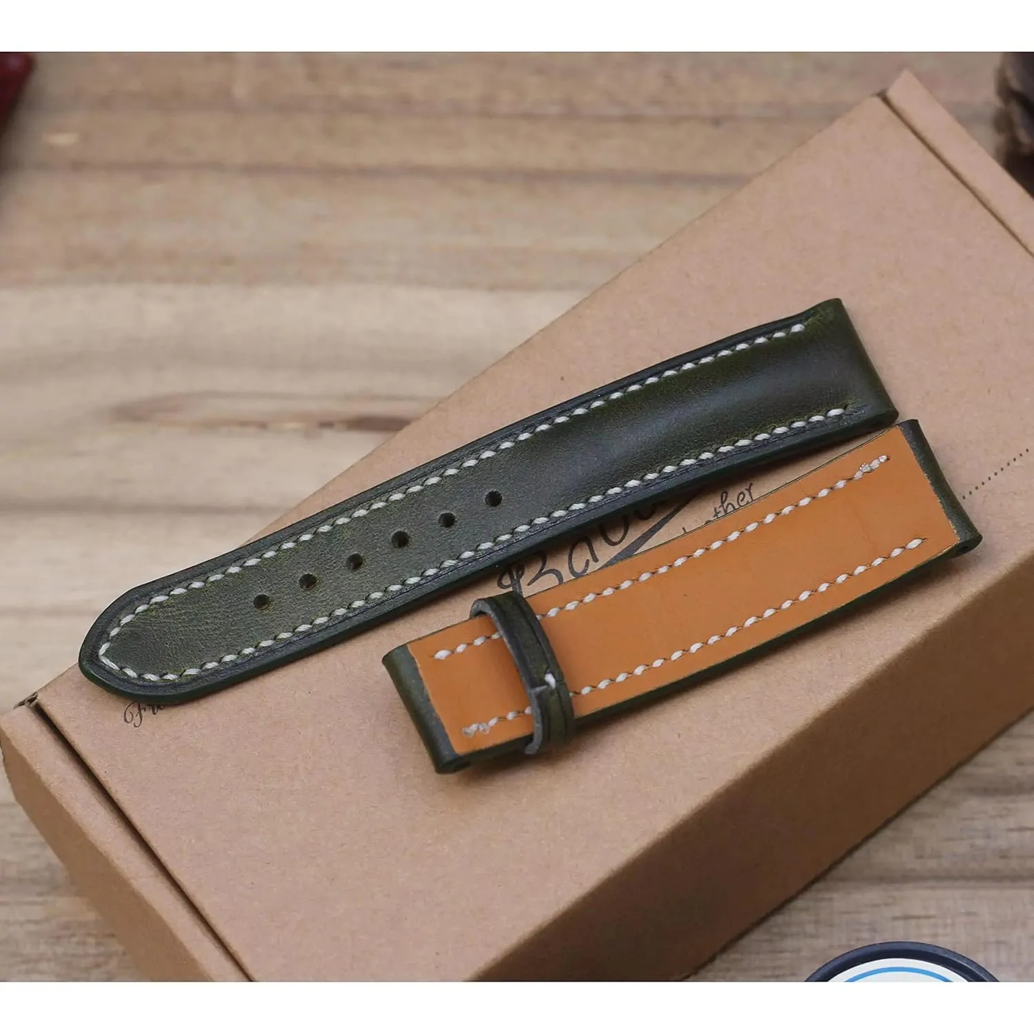 Tang Buckle) Dark Moss Green leather watch strap, Handmade Vintage ultimate Cow leather watch band (20mm, Steel 