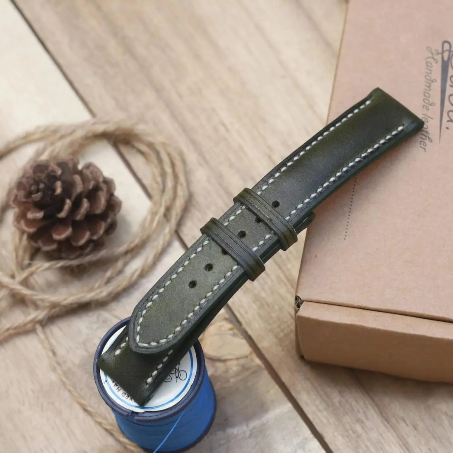 Tang Buckle) Dark Moss Green leather watch strap, Handmade Vintage ultimate Cow leather watch band (20mm, Steel 