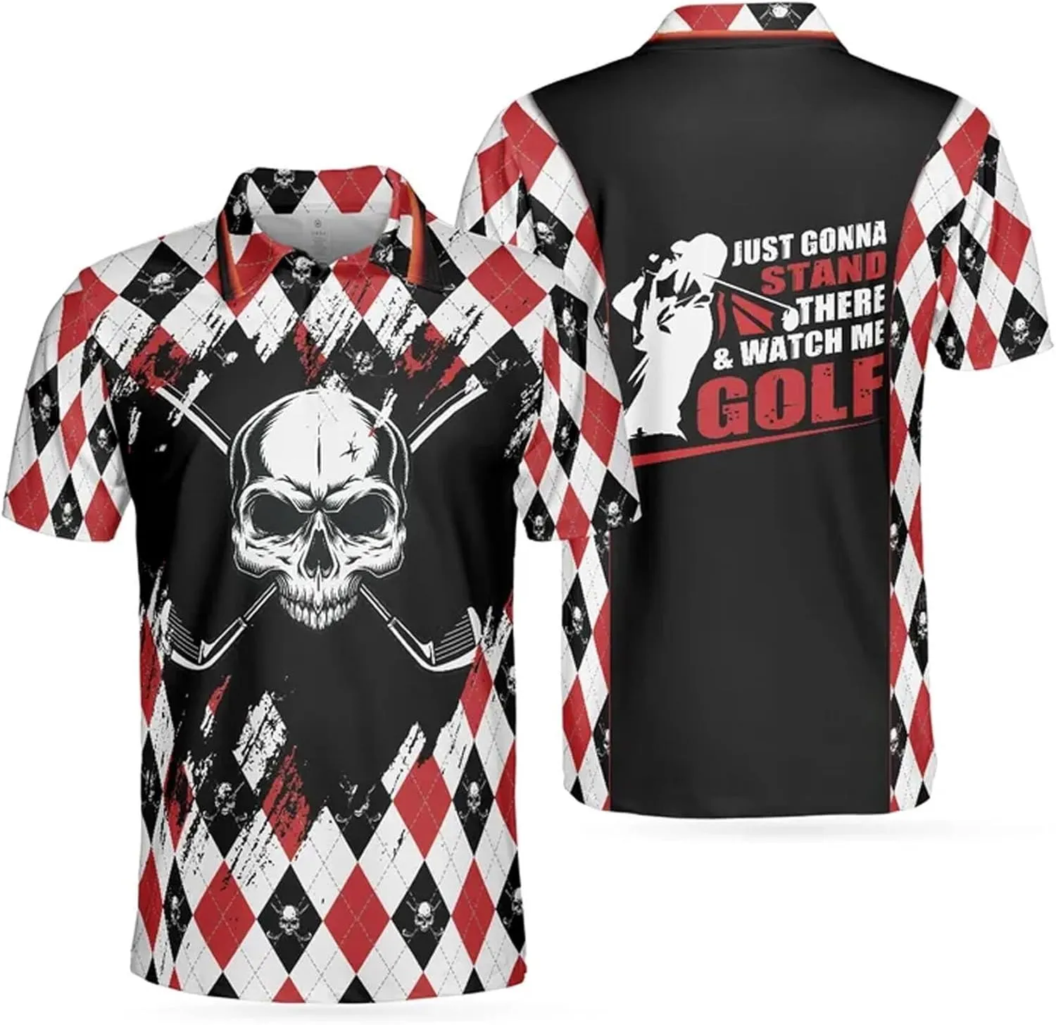 There and Watch Me Golf Polo Shirt Argyle Pattern Skull Golf Shirt for MenMens Polo Shirts for Gifts, supplant uneducated Short Sleeve Men's Shirt Colorful Just Gonna Stand 