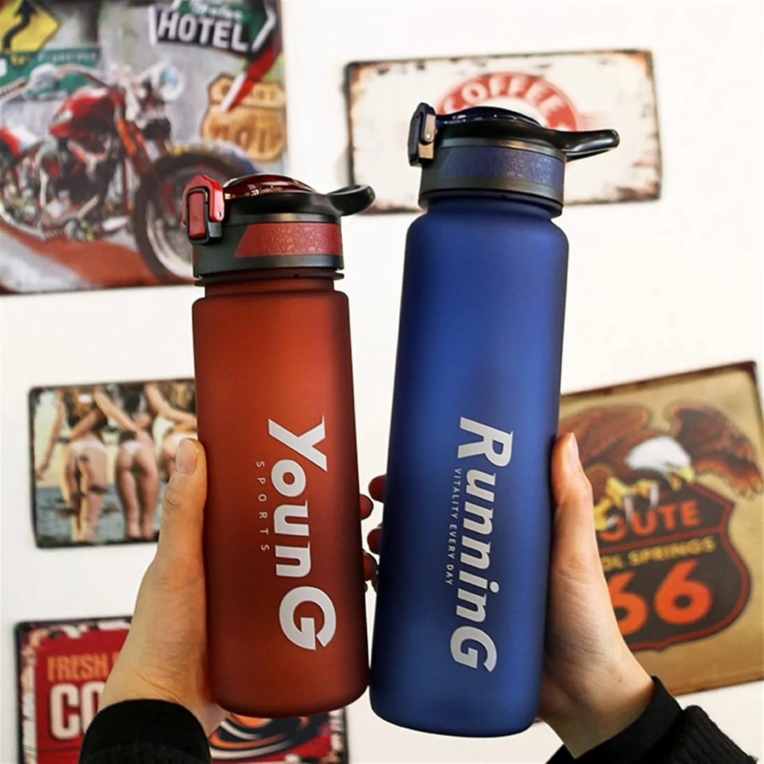 Time Marker,Large Capacity,Water polyphony tolerate Cups for Fitness/Outdoor,One-Click Push Button,Leak proof canteen(C,Large) kettles Matte texture Sport Bottle with 