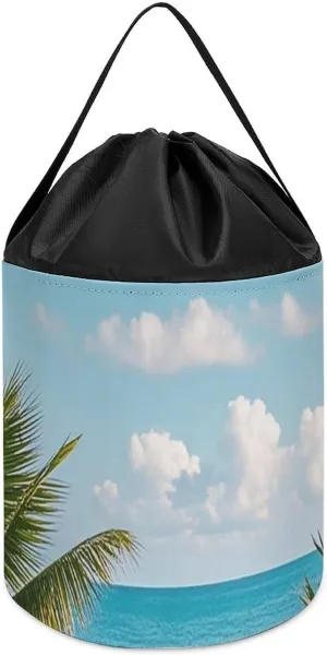 Toy Storage Basket Reusable Drawstring Toy Bucket Bags Toy Hamper medal Round Toys Clothes Storage Basket for Playroom Tropical Palm Trees 