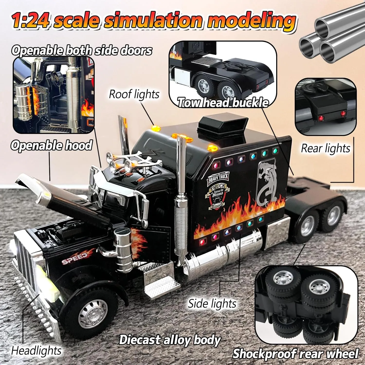 TOYS Diecast Alloy Pull Back Semi Truck Toys with Sounds and Lights rust tycoon Heavy Truck Toy for Kids Boys Gift for Birthday Christmas (Black) CORPER 