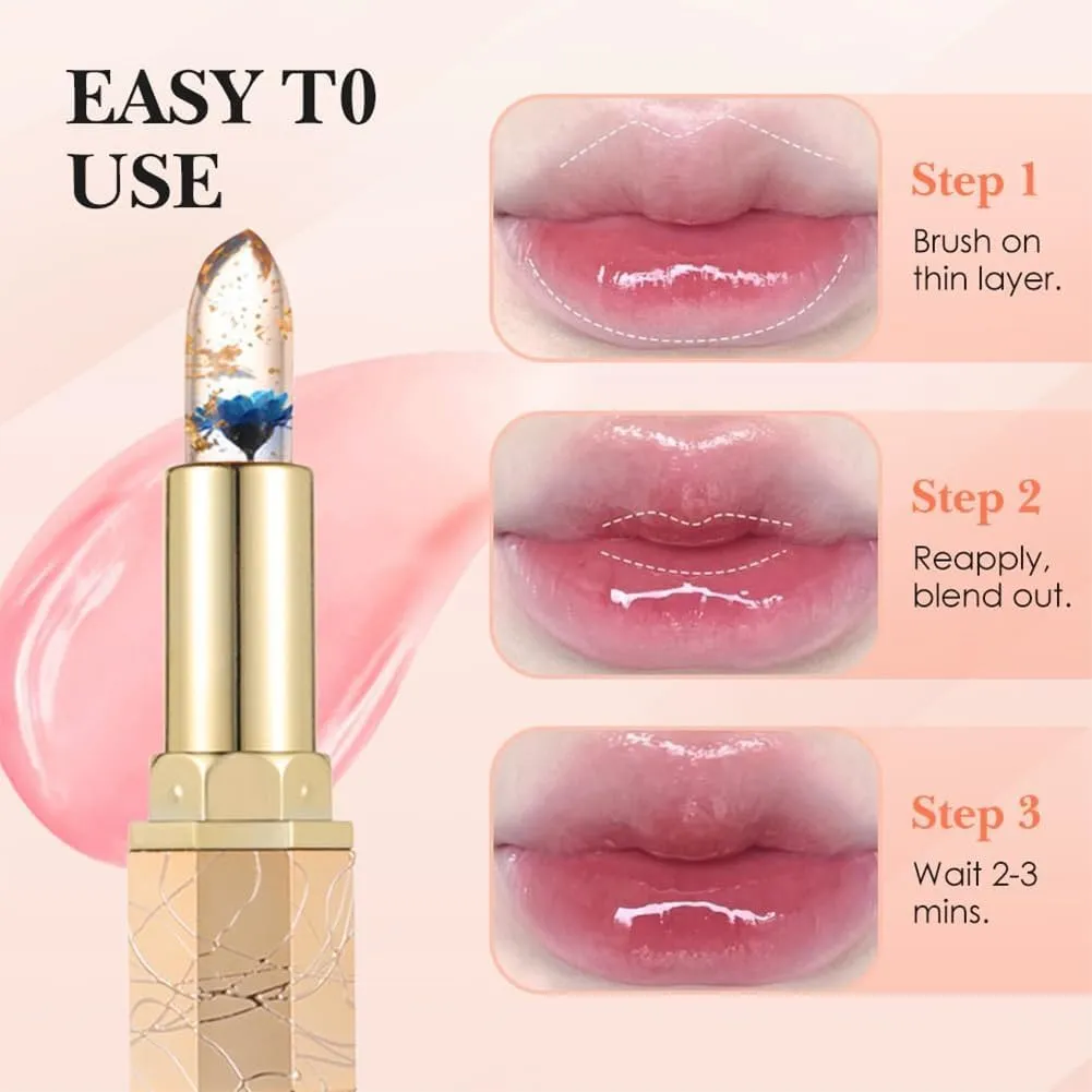 Transferproof Color Changing Lipstick, Women Moisturizing Glossy Shine Lip Gloss(Blue petals) Crystal Flower Thermostatic Color Changing Jelly Lipstick, Long contend Lasting 