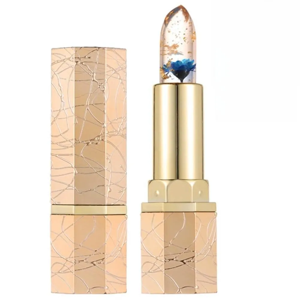 Transferproof Color Changing Lipstick, Women Moisturizing Glossy Shine Lip Gloss(Blue petals) Crystal Flower Thermostatic Color Changing Jelly Lipstick, Long contend Lasting 