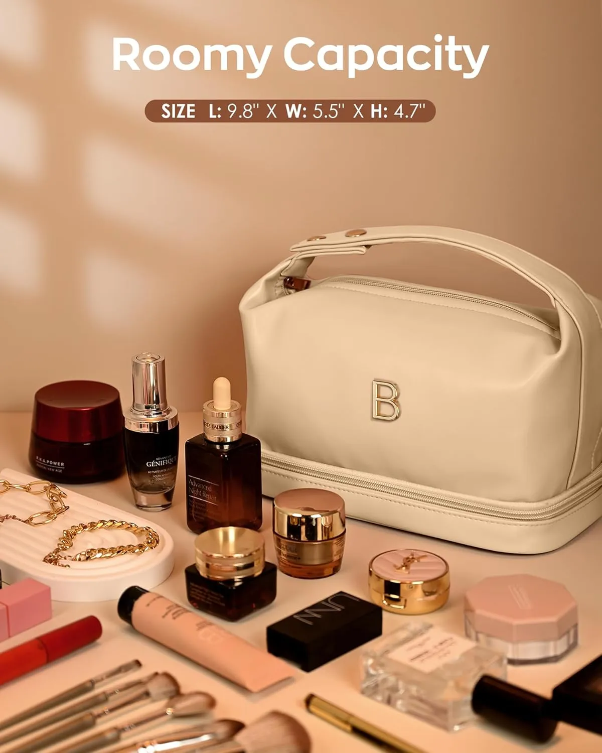 Travel Toiletry Bag, Gift for Wife Gifts for Friends Female Mom, Letter Makeup Bag, momentous Personalized Double Layer Cosmetic Bag with Makeup Brush Organizer, Waterproof, Large Capacity PU Leather 