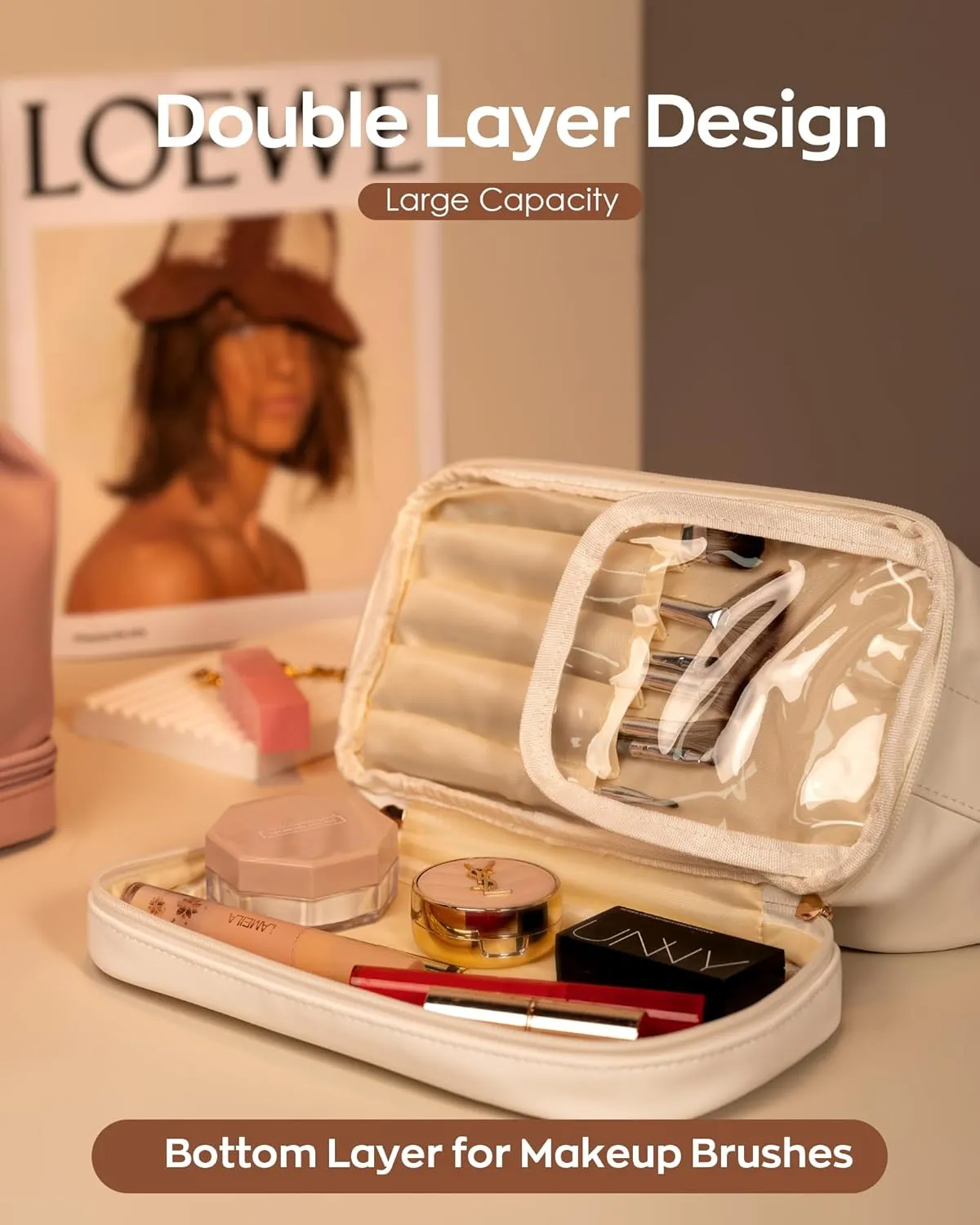 Travel Toiletry Bag, Gift for Wife Gifts for Friends Female Mom, Letter Makeup Bag, momentous Personalized Double Layer Cosmetic Bag with Makeup Brush Organizer, Waterproof, Large Capacity PU Leather 