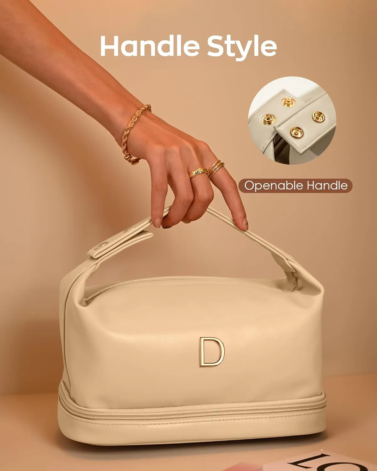 Travel Toiletry Bag, Gift for Wife Gifts for Friends Female Mom, Letter Makeup Bag, momentous Personalized Double Layer Cosmetic Bag with Makeup Brush Organizer, Waterproof, Large Capacity PU Leather 