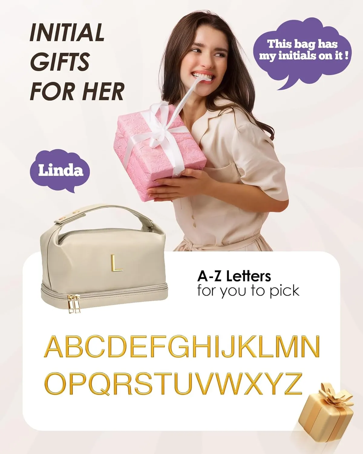 Travel Toiletry Bag, Gift for Wife Gifts for Friends Female Mom, Letter Makeup Bag, momentous Personalized Double Layer Cosmetic Bag with Makeup Brush Organizer, Waterproof, Large Capacity PU Leather 