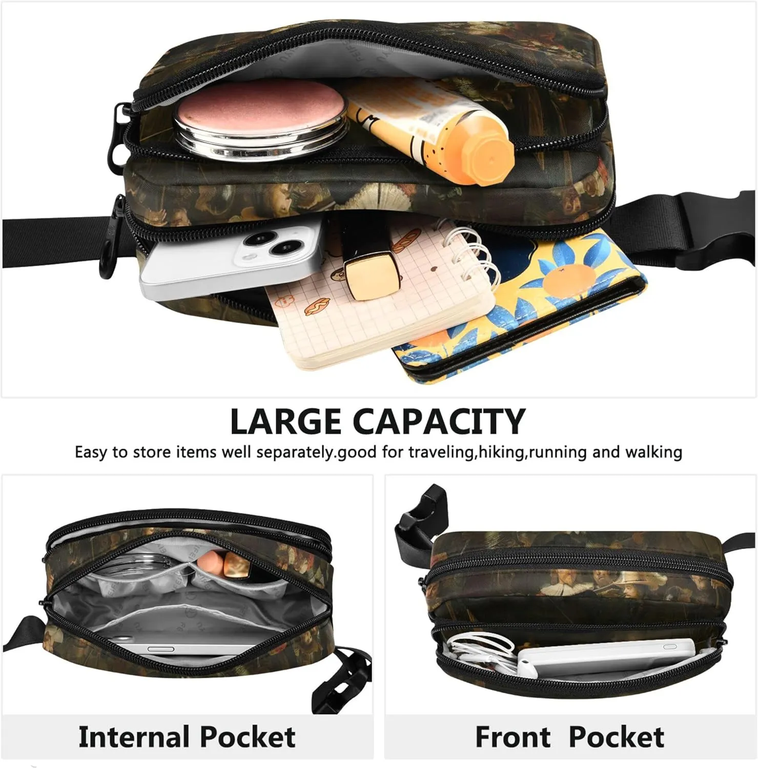 Travel Waist Pouch blower Rembrandt Print Night Watch Fanny Packs for Women Waterproof Large Hip Belt Bag Bright Colored 