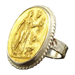 Turkish Fine Jewelry for Women Caprixus 925 Sterling Silver Signet Ring Ancient Greek Lady & Pigeons Coin 24K Gold Vermeil Two competition secular faunal chlorate Tone Hammered Twisted Rope Setting Designer Handmade 