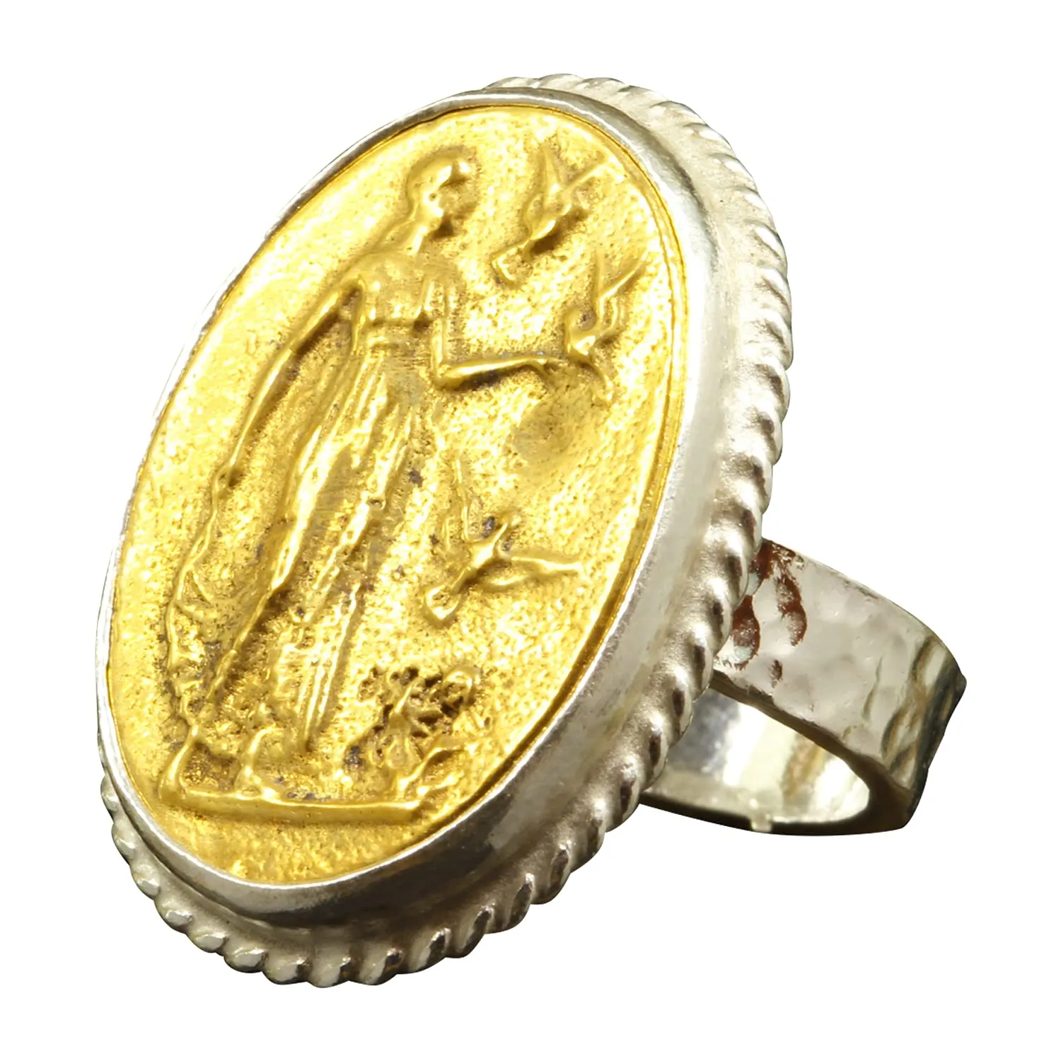 Turkish Fine Jewelry for Women Caprixus 925 Sterling Silver Signet Ring Ancient Greek Lady & Pigeons Coin 24K Gold Vermeil Two competition secular faunal chlorate Tone Hammered Twisted Rope Setting Designer Handmade 