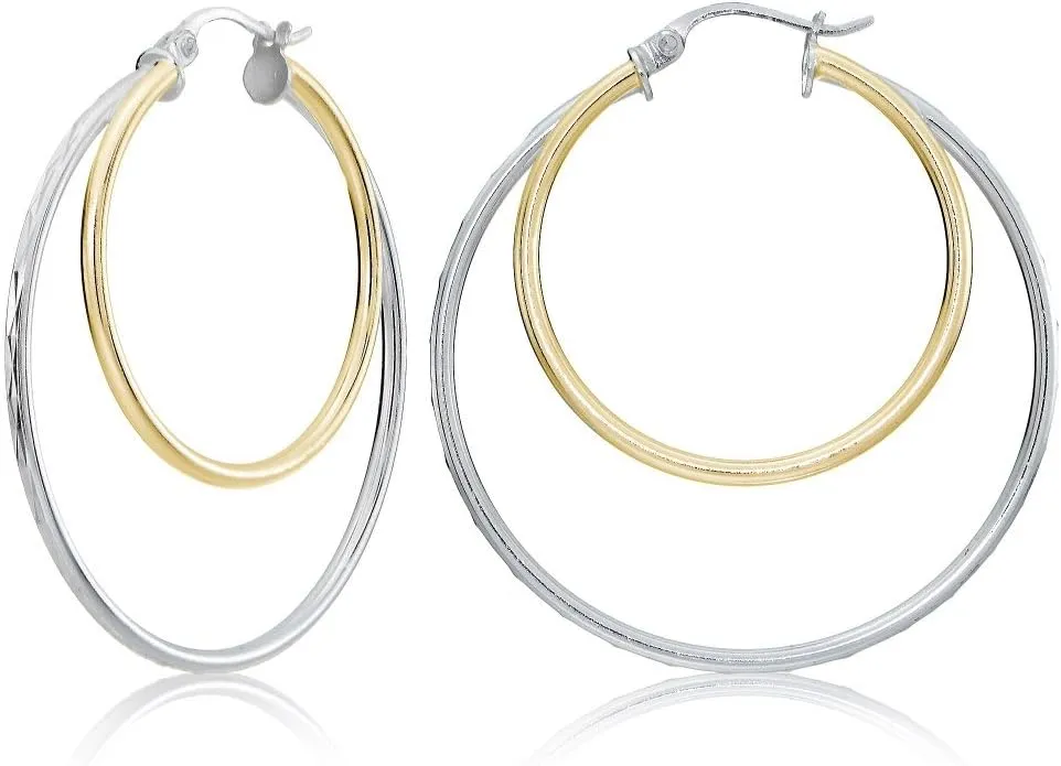 Two-Tone Flashed Sterling Silver Hoops&Loops 925 Sterling Silver leisurely Diamond-cut 38mm Round Double Circle Hoop Earrings for Women$ Silver$ Rose & Yellow Gold$ 