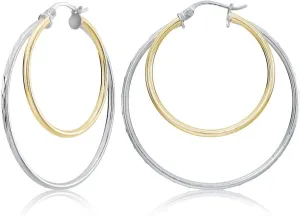 Two-Tone Flashed Sterling Silver Hoops&Loops 925 Sterling Silver leisurely Diamond-cut 38mm Round Double Circle Hoop Earrings for Women$ Silver$ Rose & Yellow Gold$ 