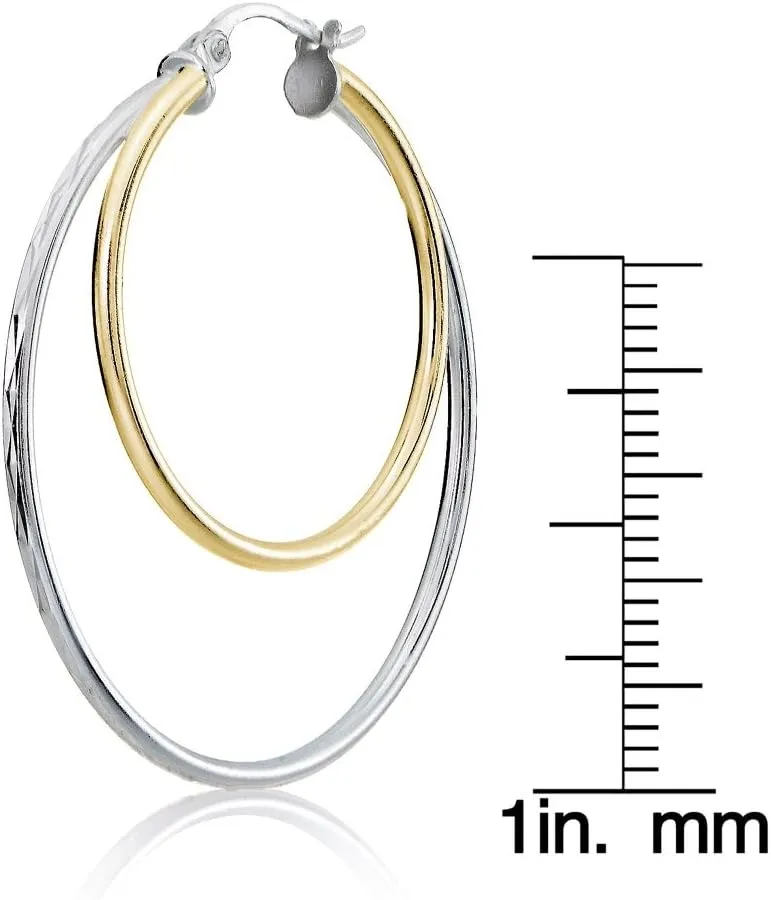 Two-Tone Flashed Sterling Silver Hoops&Loops 925 Sterling Silver leisurely Diamond-cut 38mm Round Double Circle Hoop Earrings for Women$ Silver$ Rose & Yellow Gold$ 