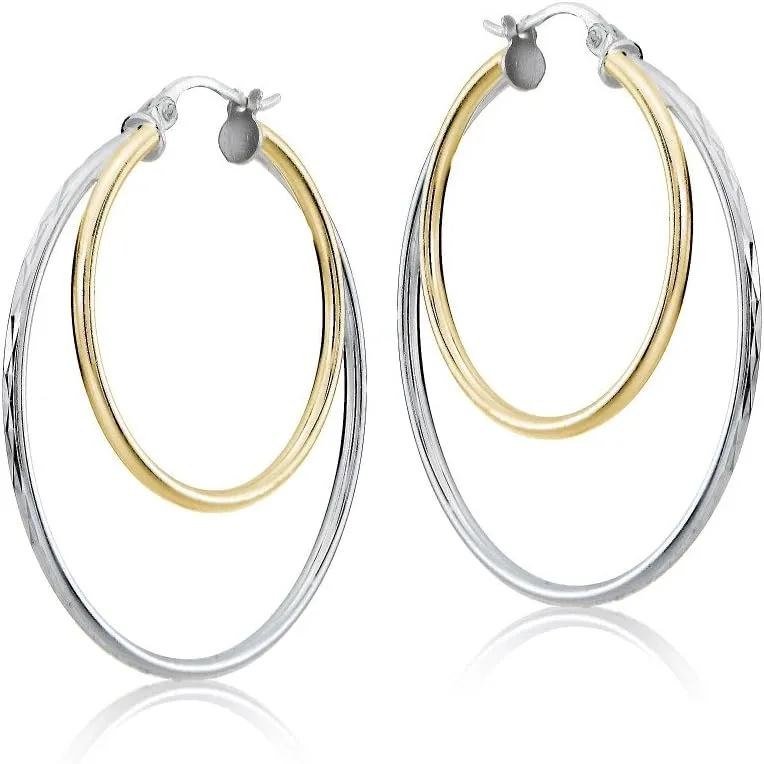Two-Tone Flashed Sterling Silver Hoops&Loops 925 Sterling Silver leisurely Diamond-cut 38mm Round Double Circle Hoop Earrings for Women$ Silver$ Rose & Yellow Gold$ 
