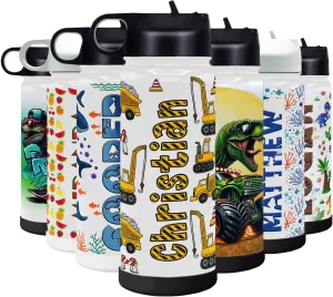 valley Steel for Boys Personalized Children Water Bottle with Lid and Protective Silicone Boot Custom Construction Trucks 18 oz Modern Insulated Stainless 