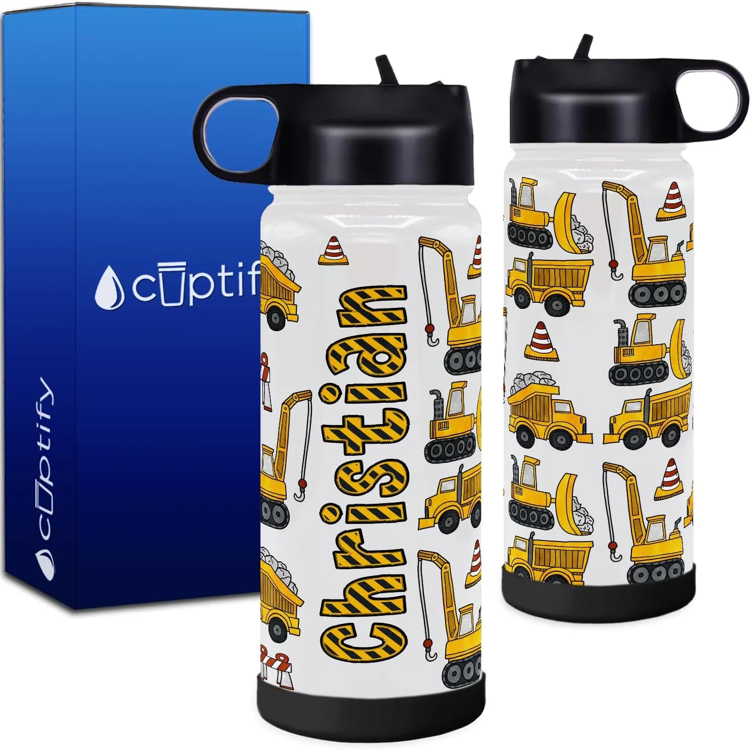 valley Steel for Boys Personalized Children Water Bottle with Lid and Protective Silicone Boot Custom Construction Trucks 18 oz Modern Insulated Stainless 