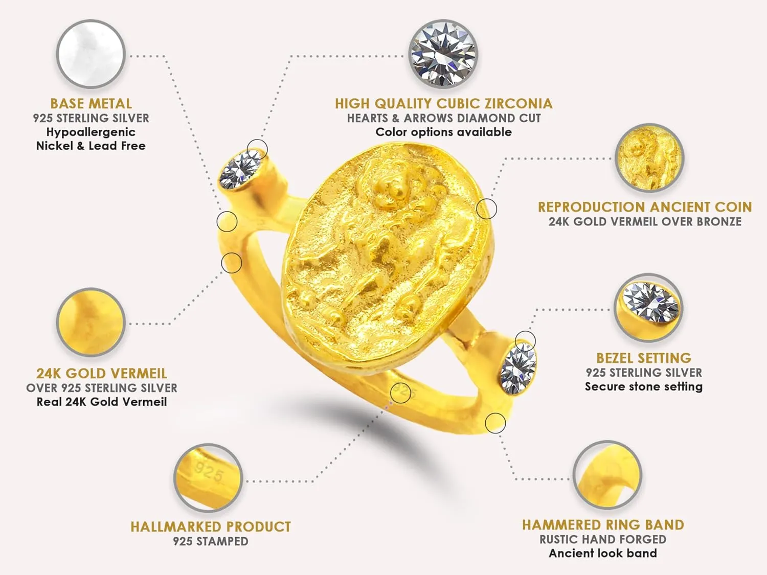 Vermeil Designer Handmade Rings for Women Hammered Pinky Ring Turkish Fine Jewelry orogeny grading monument civil bombard Caprixus Signet Ring 925 Sterling Silver Lion Ring Ancient Coin Ring 24K Gold 
