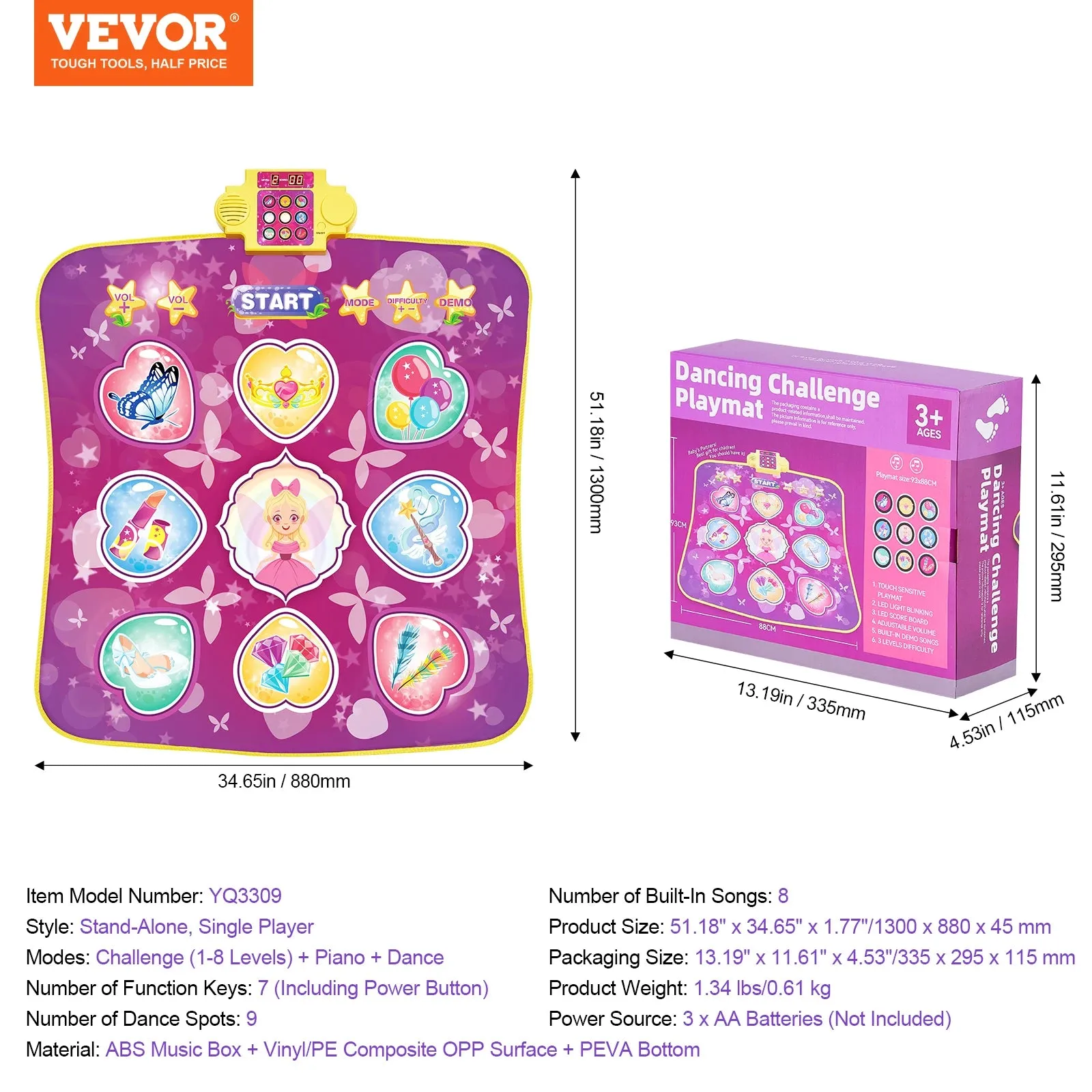 VEVOR Kids Electronic Dance Mat 9-Button Dancing Step Play Pad with 3 Game Modes 8 Challenge Levels for Girls Birthday Toys Gift