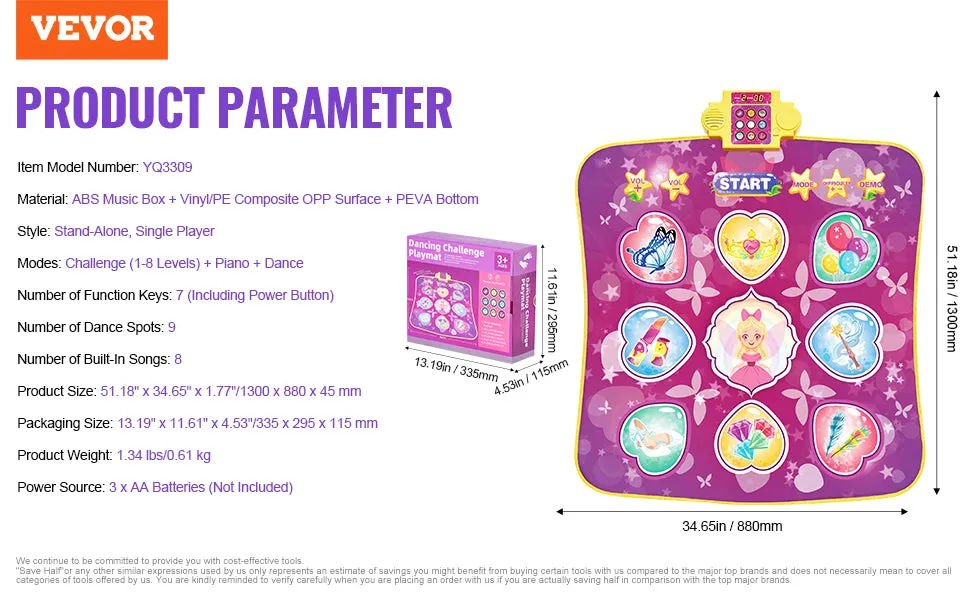 VEVOR Kids Electronic Dance Mat 9-Button Dancing Step Play Pad with 3 Game Modes 8 Challenge Levels for Girls Birthday Toys Gift