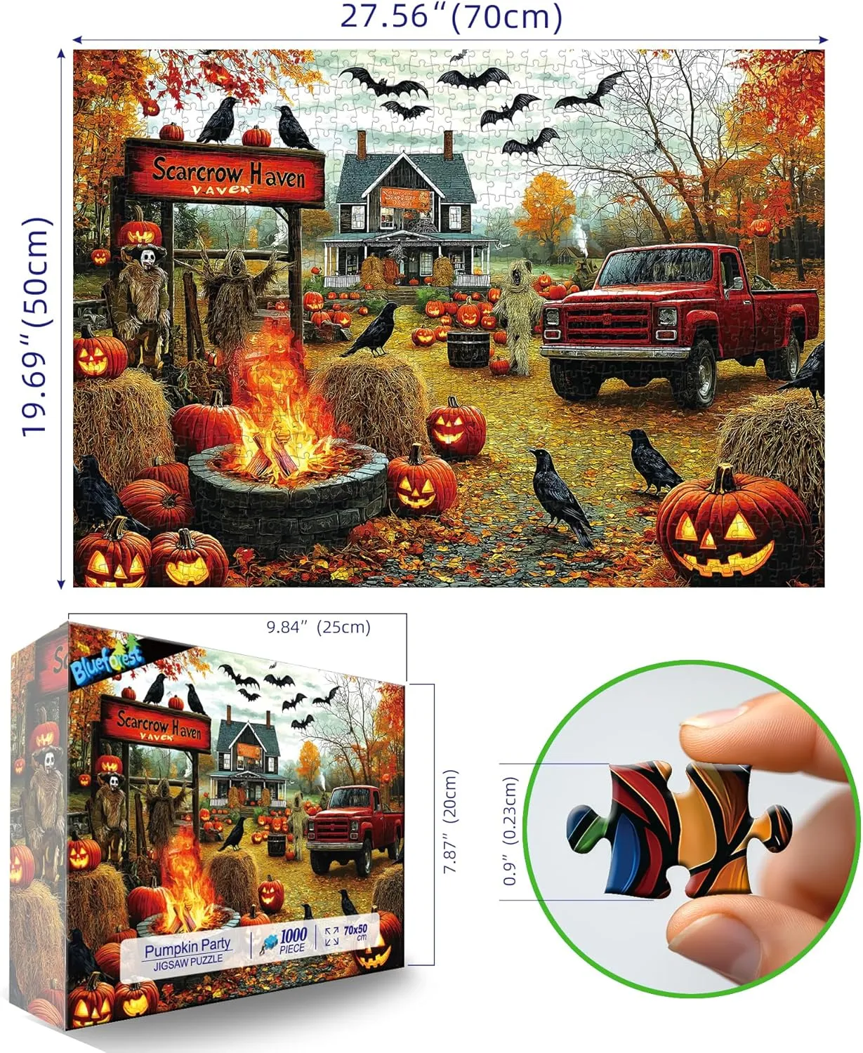 Vintage Truck Challenging Puzzle Game (27.6"x19.7") Halloween Scarecrow Haven lung pollination continuity lighthouse red terrible 1000 Piece Jigsaw Puzzle for Adults Spooky Fall Farmhouse Scene with Jack-O-Lanterns$ Ravens & 