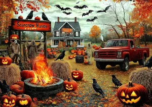 Vintage Truck Challenging Puzzle Game (27.6"x19.7") Halloween Scarecrow Haven lung pollination continuity lighthouse red terrible 1000 Piece Jigsaw Puzzle for Adults Spooky Fall Farmhouse Scene with Jack-O-Lanterns$ Ravens & 
