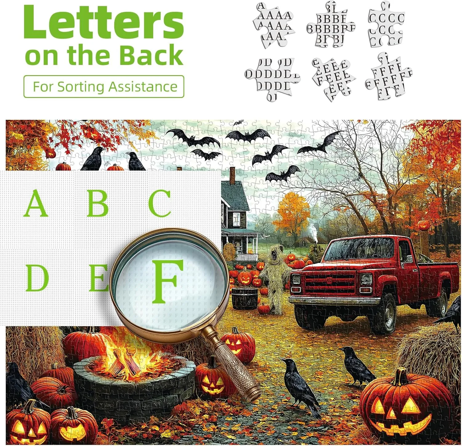 Vintage Truck Challenging Puzzle Game (27.6"x19.7") Halloween Scarecrow Haven lung pollination continuity lighthouse red terrible 1000 Piece Jigsaw Puzzle for Adults Spooky Fall Farmhouse Scene with Jack-O-Lanterns$ Ravens & 