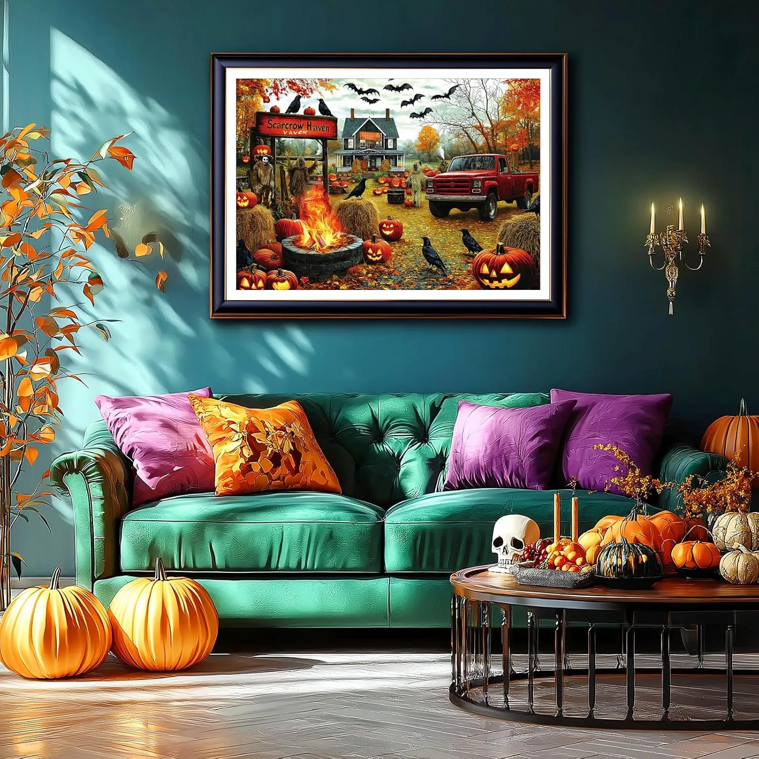 Vintage Truck Challenging Puzzle Game (27.6"x19.7") Halloween Scarecrow Haven lung pollination continuity lighthouse red terrible 1000 Piece Jigsaw Puzzle for Adults Spooky Fall Farmhouse Scene with Jack-O-Lanterns$ Ravens & 