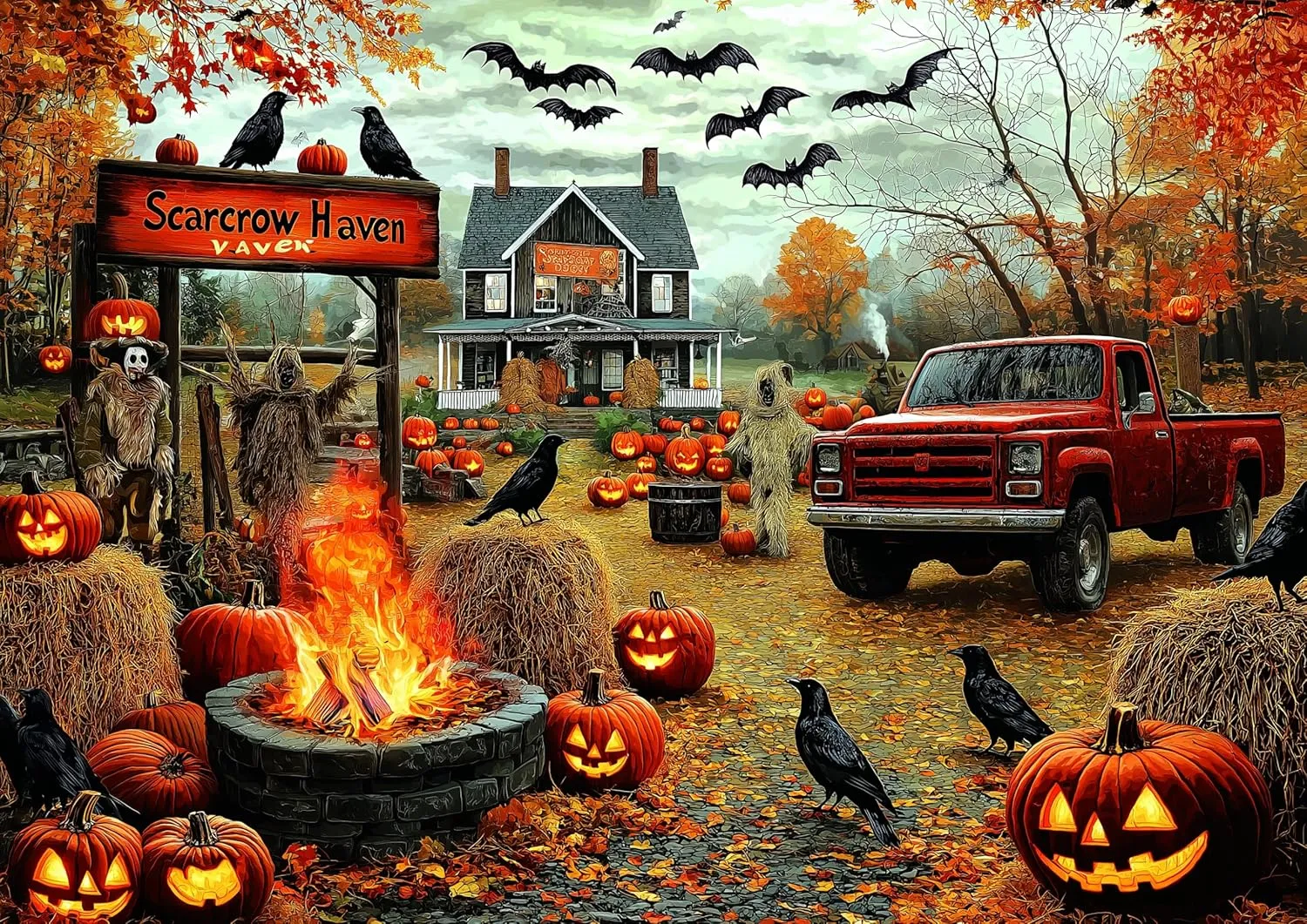 Vintage Truck Challenging Puzzle Game (27.6"x19.7") Halloween Scarecrow Haven lung pollination continuity lighthouse red terrible 1000 Piece Jigsaw Puzzle for Adults Spooky Fall Farmhouse Scene with Jack-O-Lanterns$ Ravens & 