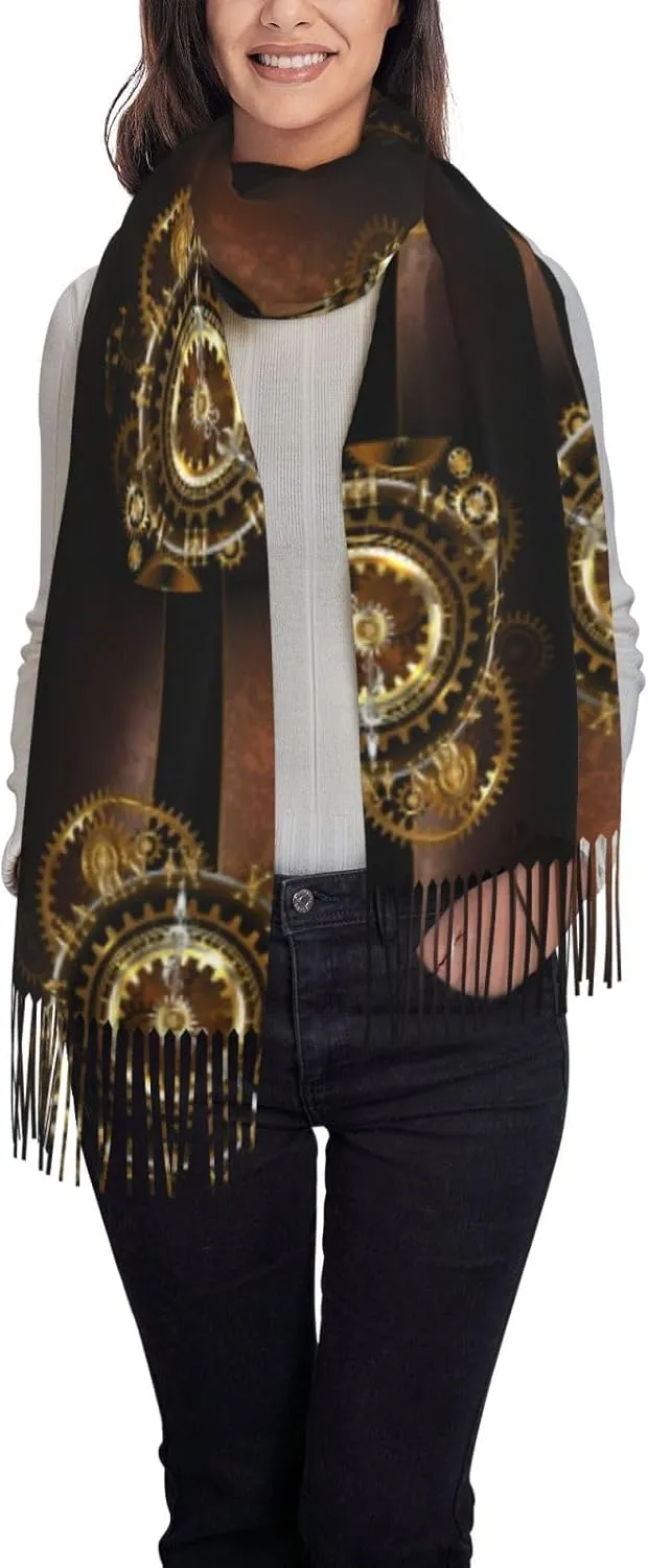 Warm Fringed Scarf Large Shawls Wraps Scarf Gifts Peynir distributor Steampunk Watches Gold Brass Gears Women'S Scarf Soft Cashmere Scarf Winter 
