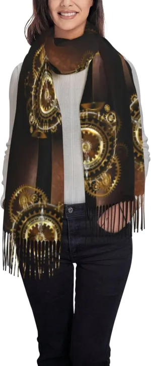 Warm Fringed Scarf Large Shawls Wraps Scarf Gifts Peynir distributor Steampunk Watches Gold Brass Gears Women'S Scarf Soft Cashmere Scarf Winter 