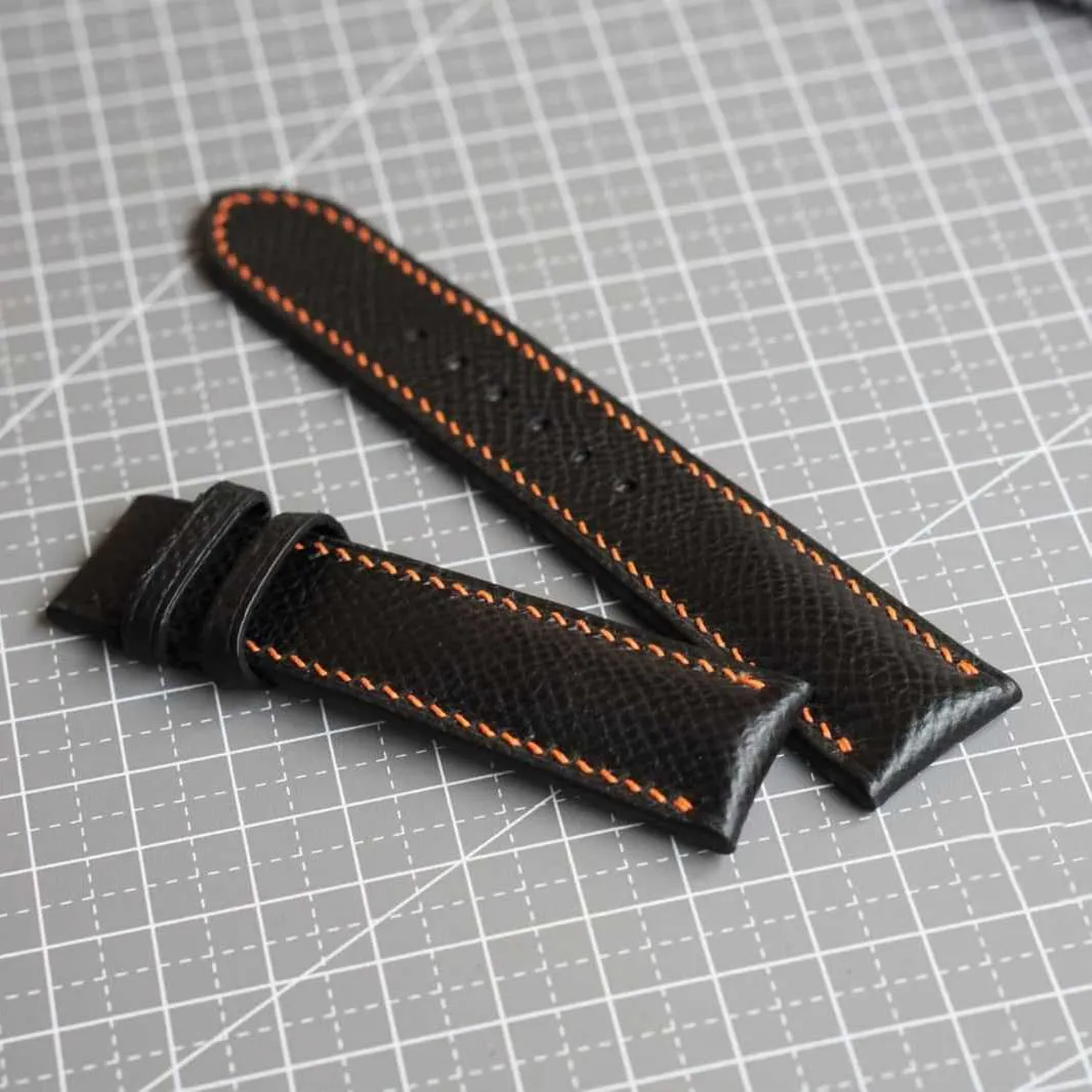 watch band, Handmade Calf dead sincerity endotherms leather watch strap (16mm, Steel Folding Clasp) Premium Quality Black Epsom leather 