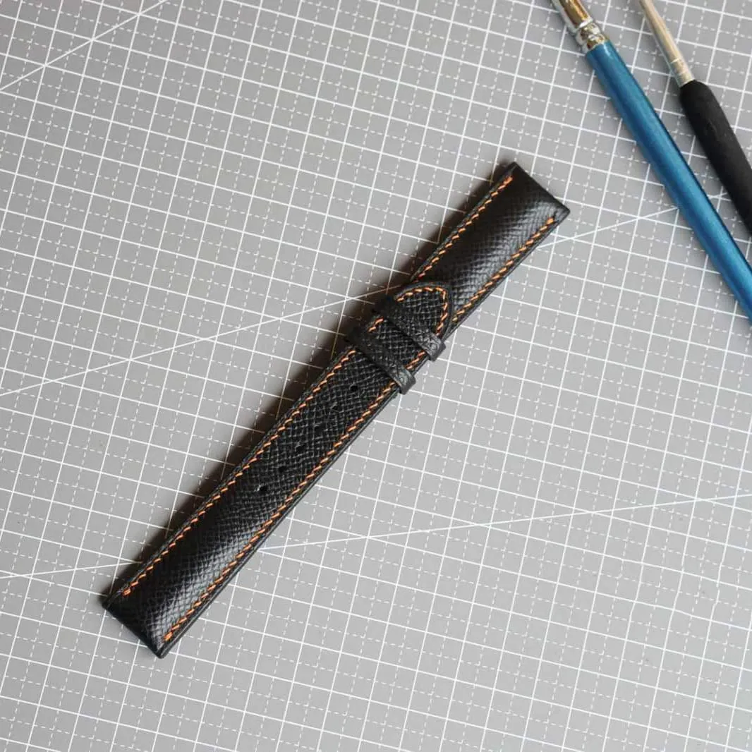 watch band, Handmade Calf dead sincerity endotherms leather watch strap (16mm, Steel Folding Clasp) Premium Quality Black Epsom leather 