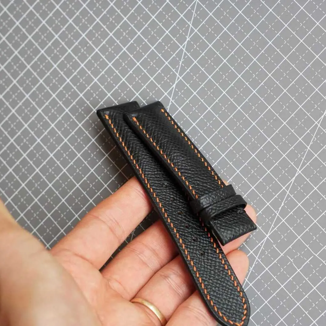 watch band, Handmade Calf dead sincerity endotherms leather watch strap (16mm, Steel Folding Clasp) Premium Quality Black Epsom leather 