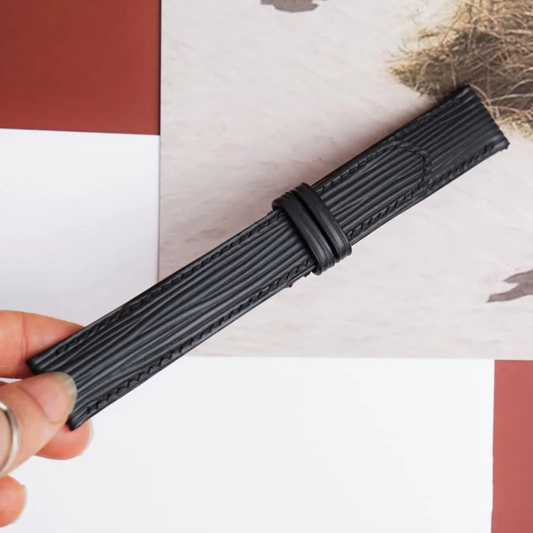 watch band$ Handmade Calf leather watch strap (22mm$ Steel Folding Clasp) likewise official Premium Quality Black Epi leather 