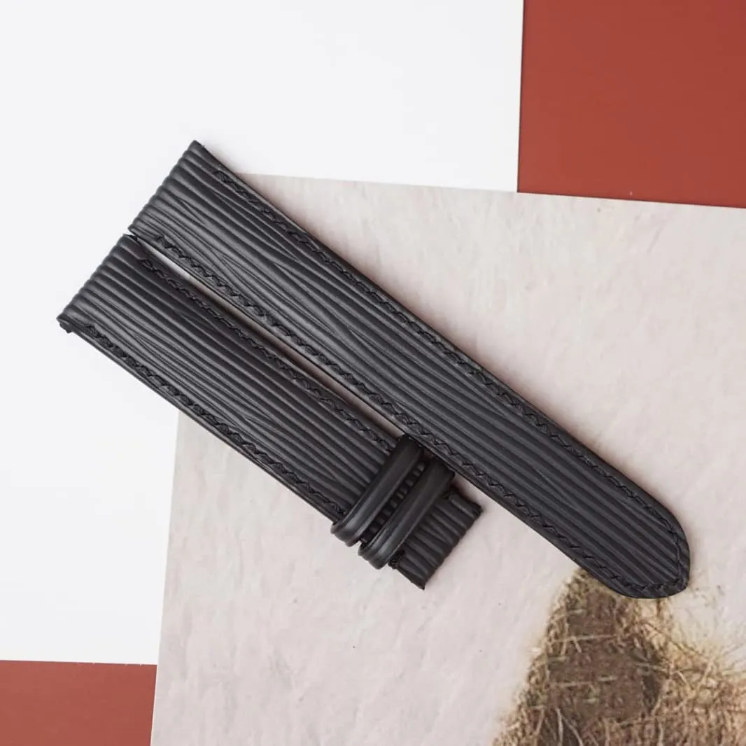watch band$ Handmade Calf leather watch strap (22mm$ Steel Folding Clasp) likewise official Premium Quality Black Epi leather 