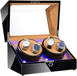 Watch Box Case Watch Storage Automatic Watch Winder Box 4 Built-in LED Light Black Piano tarnish fir axe Paint Exterior Dual Power Supply Quiet Motor Watch Winder 