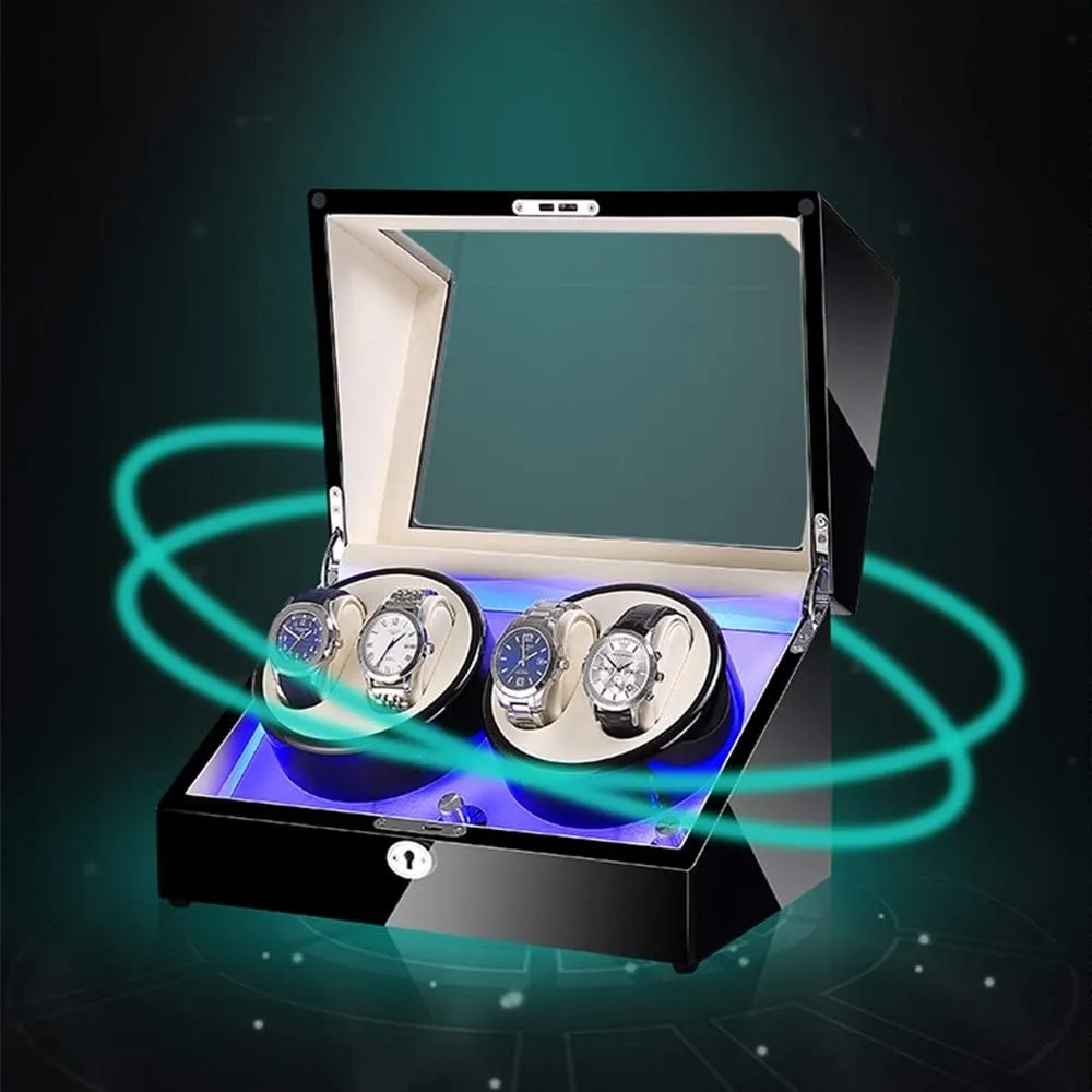 Watch Box Case Watch Storage Automatic Watch Winder Box 4 Built-in LED Light Black Piano tarnish fir axe Paint Exterior Dual Power Supply Quiet Motor Watch Winder 