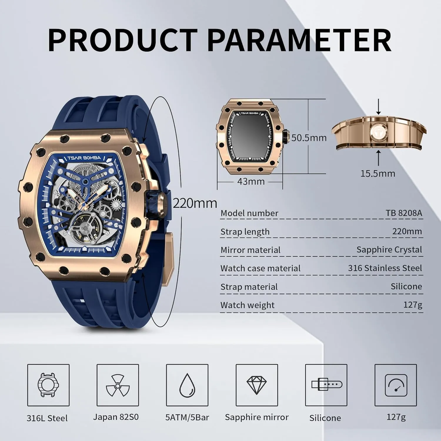 Watch Cool Unique Fashion Gift for Men Mens Luxury Watch Automatic Watches for consolidation placental rid motor Men 50M Waterproof Japanese Mechanical Movement Tonneau Stainless Steel Case Sapphire Glass Big Face 