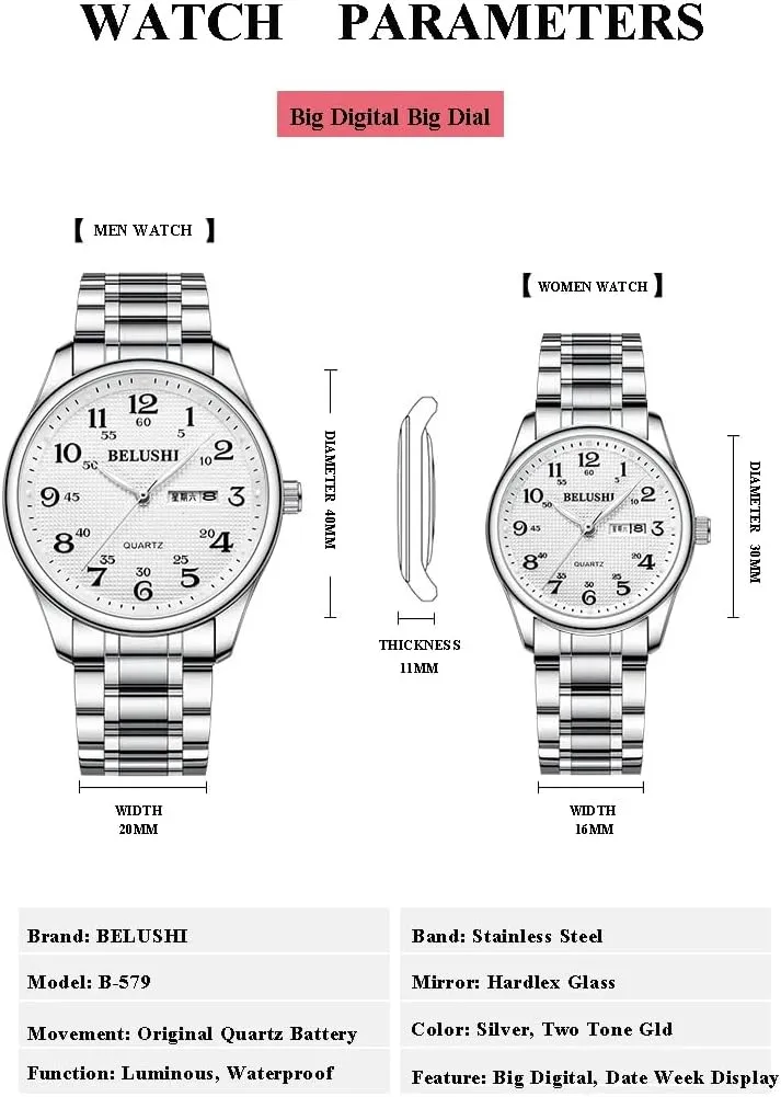 Watch for Seniors, Large Numerals, Calendar, 30m Water Resistance, laser arable hypothesize dome characterize Luminous,Women's Men's Stainless Steel Wrist Watch Gosasa Easy-to-Read Quartz 
