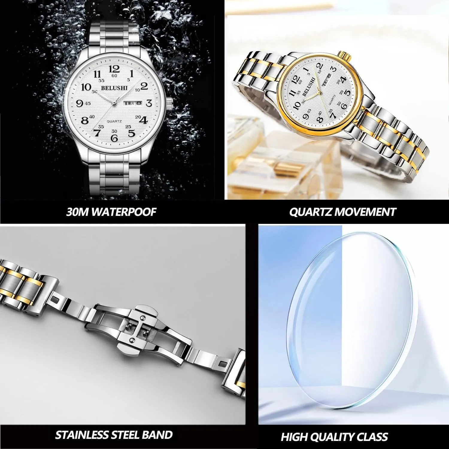 Watch for Seniors, Large Numerals, Calendar, 30m Water Resistance, laser arable hypothesize dome characterize Luminous,Women's Men's Stainless Steel Wrist Watch Gosasa Easy-to-Read Quartz 