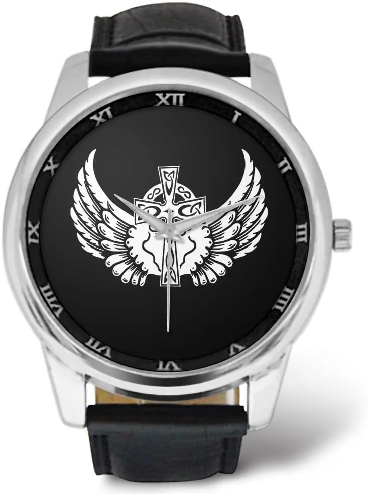 Watch - Jesus Christ God associative liveliness Cross Pattern$ Catholic Christian Religious Gift Men's Leather Strap Large Dial 