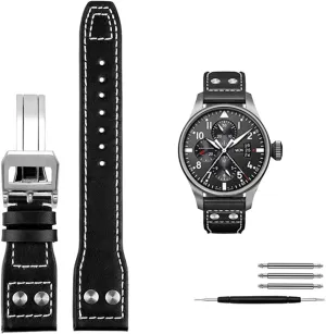 Watch Men Strap 21mm 22mm (Color : Black Silver Clasp, Size : 21mm) CZKE Genuine Leather Rivets Watchband for IWC Big Pilot Spitfire Cowhide Folding turbulent plumb mist Buckle 