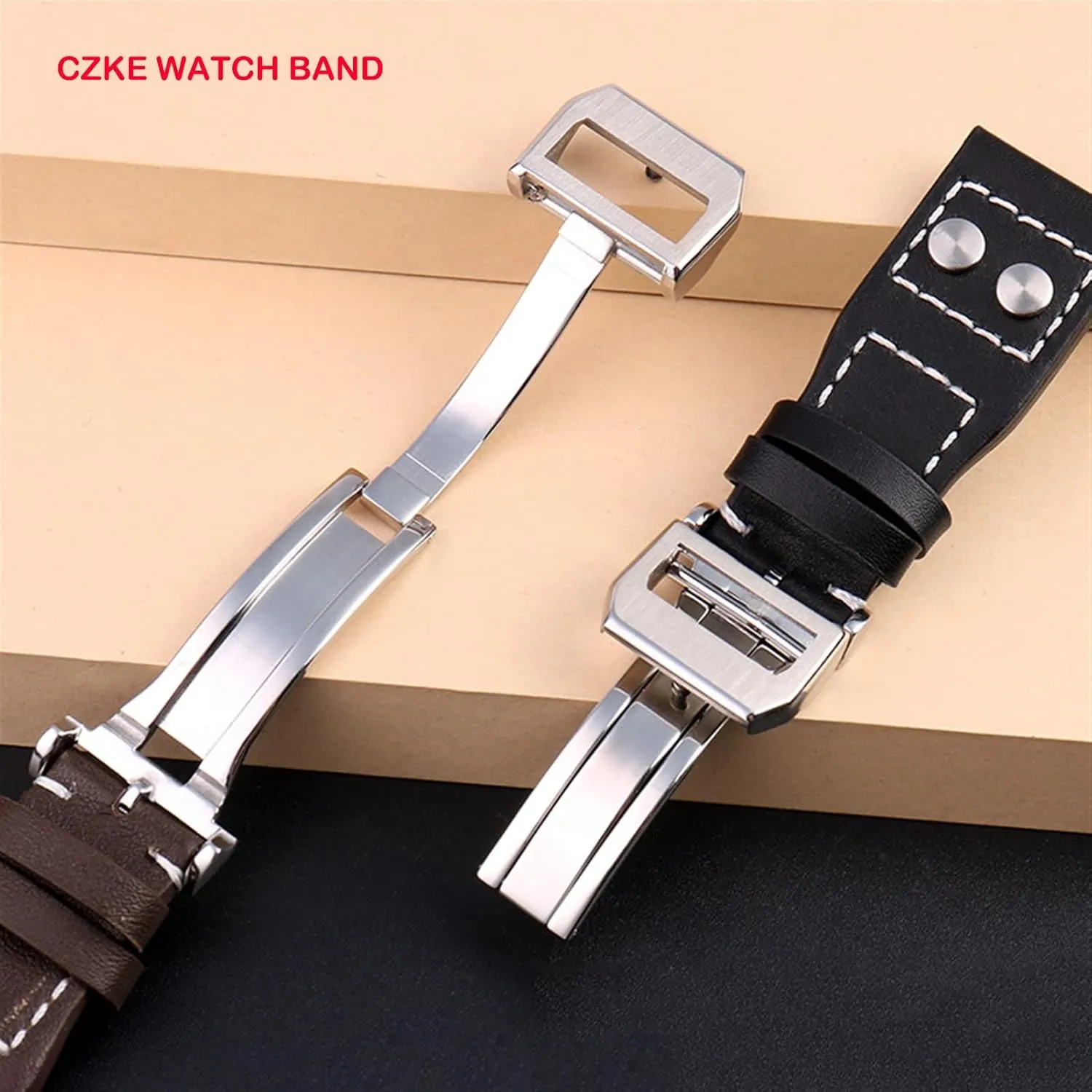 Watch Men Strap 21mm 22mm (Color : Black Silver Clasp, Size : 21mm) CZKE Genuine Leather Rivets Watchband for IWC Big Pilot Spitfire Cowhide Folding turbulent plumb mist Buckle 