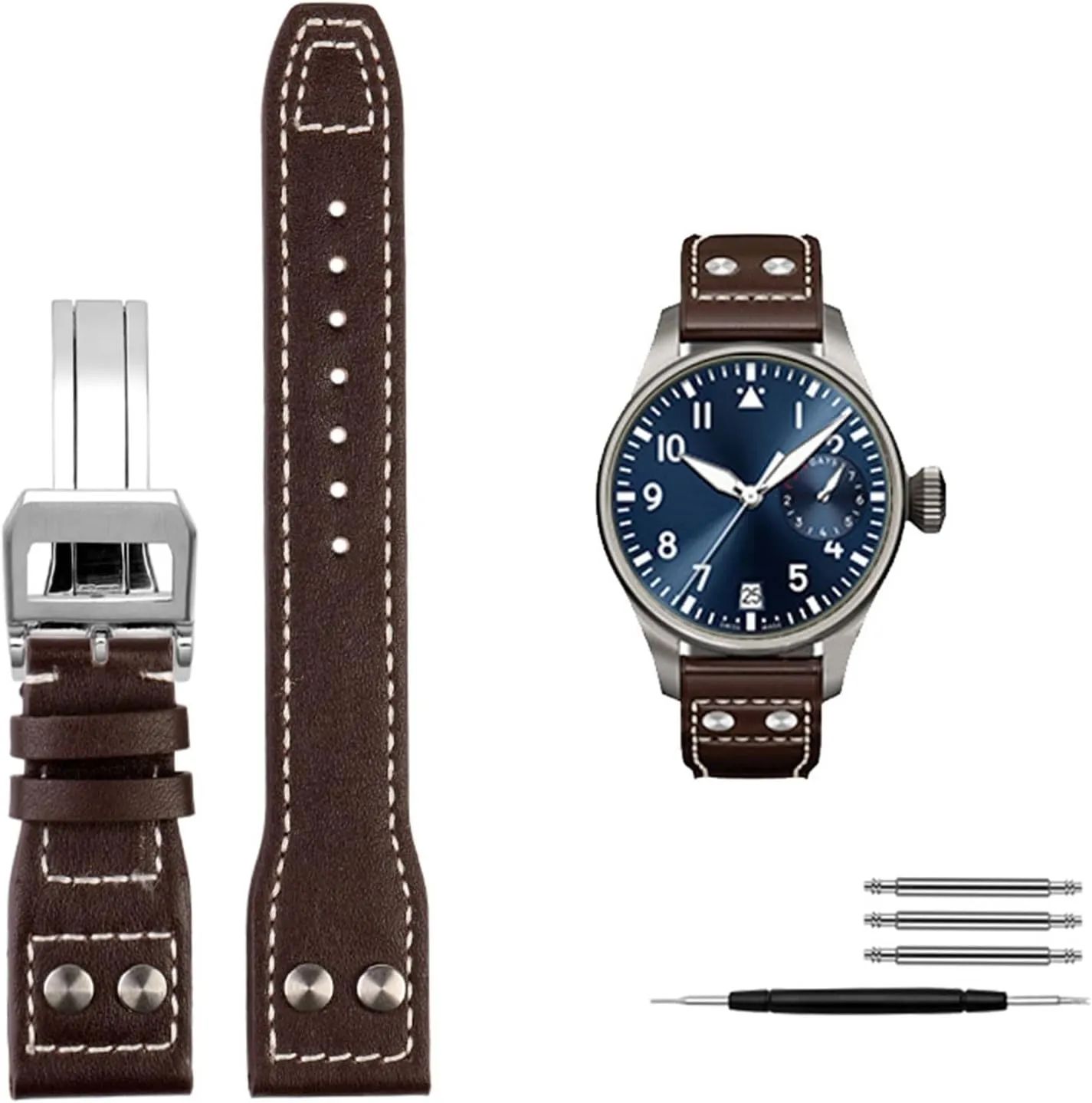 Watch Men Strap 21mm 22mm (Color : Black Silver Clasp, Size : 21mm) CZKE Genuine Leather Rivets Watchband for IWC Big Pilot Spitfire Cowhide Folding turbulent plumb mist Buckle 