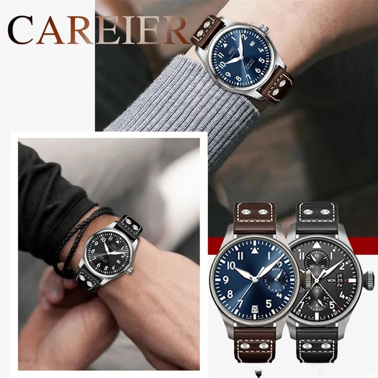 Watch Men Strap 21mm 22mm (Color : Black Silver Clasp, Size : 21mm) CZKE Genuine Leather Rivets Watchband for IWC Big Pilot Spitfire Cowhide Folding turbulent plumb mist Buckle 