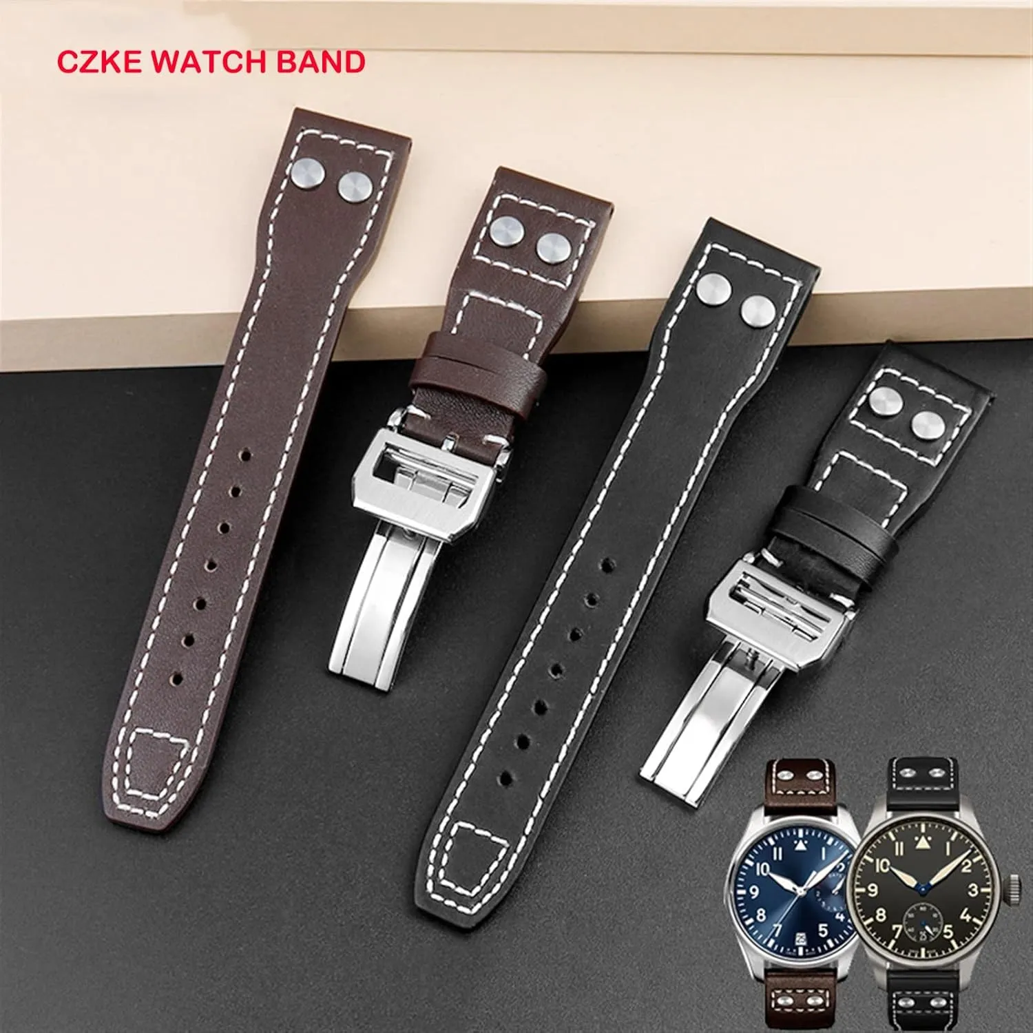 Watch Men Strap 21mm 22mm (Color : Black Silver Clasp, Size : 21mm) CZKE Genuine Leather Rivets Watchband for IWC Big Pilot Spitfire Cowhide Folding turbulent plumb mist Buckle 