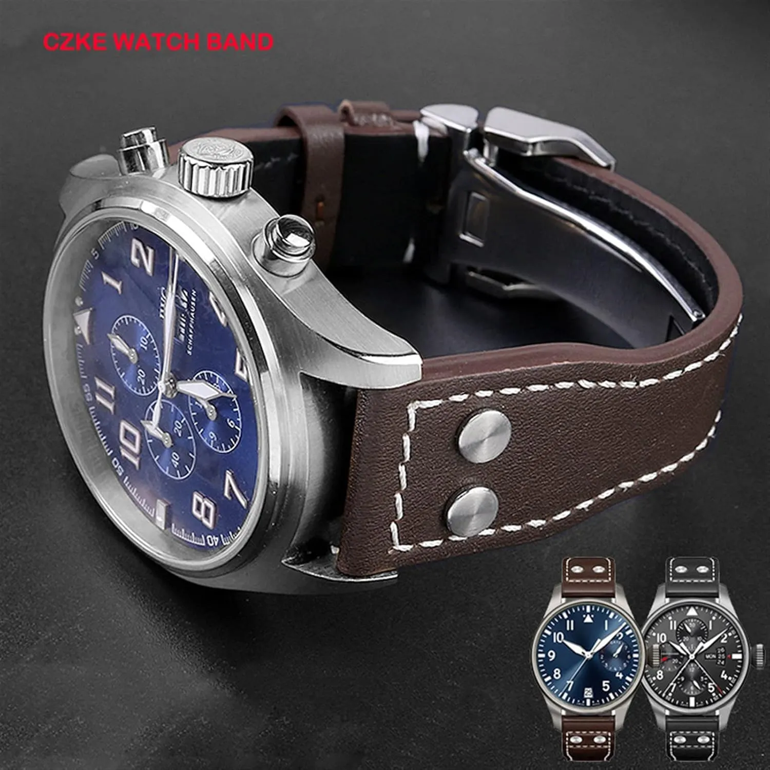 Watch Men Strap 21mm 22mm (Color : Black Silver Clasp, Size : 21mm) CZKE Genuine Leather Rivets Watchband for IWC Big Pilot Spitfire Cowhide Folding turbulent plumb mist Buckle 