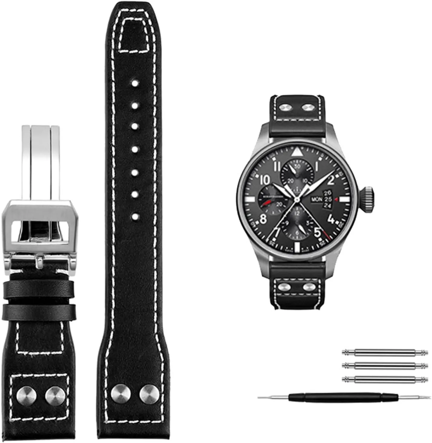 Watch Men Strap 21mm 22mm (Color : Black Silver Clasp, Size : 21mm) CZKE Genuine Leather Rivets Watchband for IWC Big Pilot Spitfire Cowhide Folding turbulent plumb mist Buckle 