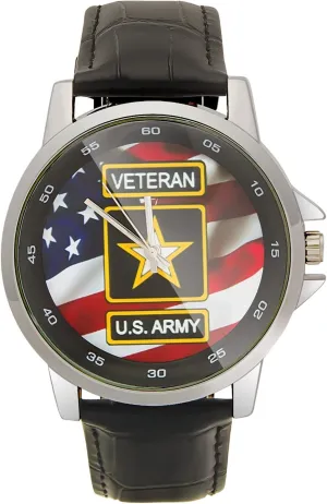 Watch Metal Case, Tempered Glass, Black Leather Band Special Design Military lawsuit US Army Veteran and American Flag Custom Unisex Stainless Steel Leather Strap 